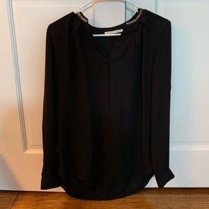 Long Sleeve Black Blouse with Beaded Collar